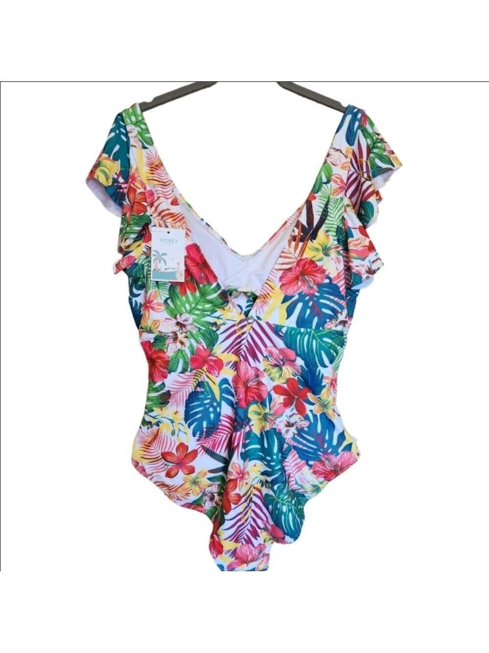 TROPICAL PRINT ONE PIECE MONOKINI RUFFLE SHOULDER RUCHED SWIMSUIT SIZE XL NWT - Picture 6 of 13